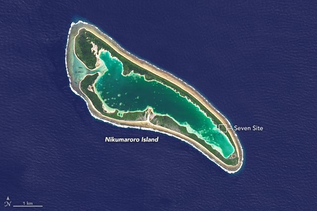 Gardner (Nikumaroro) Island in 2014.  "Seven Site" is a focus of the search for Amelia Earhart's remains.
