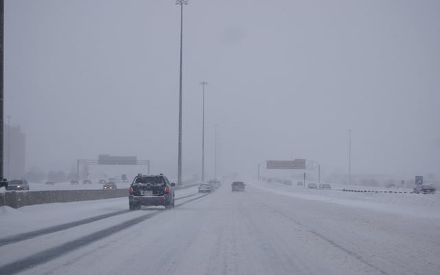 Winter conditions on Ontario Highway 401 in Toronto due to a snowsquall.