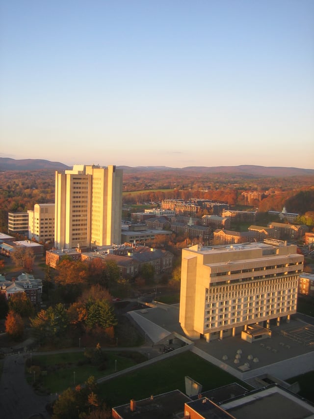 From the W.E.B. DuBois Library, a northward view.  The Lederle Graduate Research Tower can be seen in the background with the Campus Center and Hotel in the foreground.