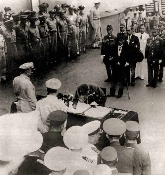 Japanese officials surrendering to the Allies on September 2, 1945, in Tokyo Bay, ending World War II