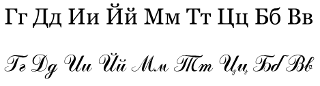 Letters Ge, De, I, I kratkoye, Me, Te, Tse, Be and Ve in upright (printed) and cursive (handwritten) variants.