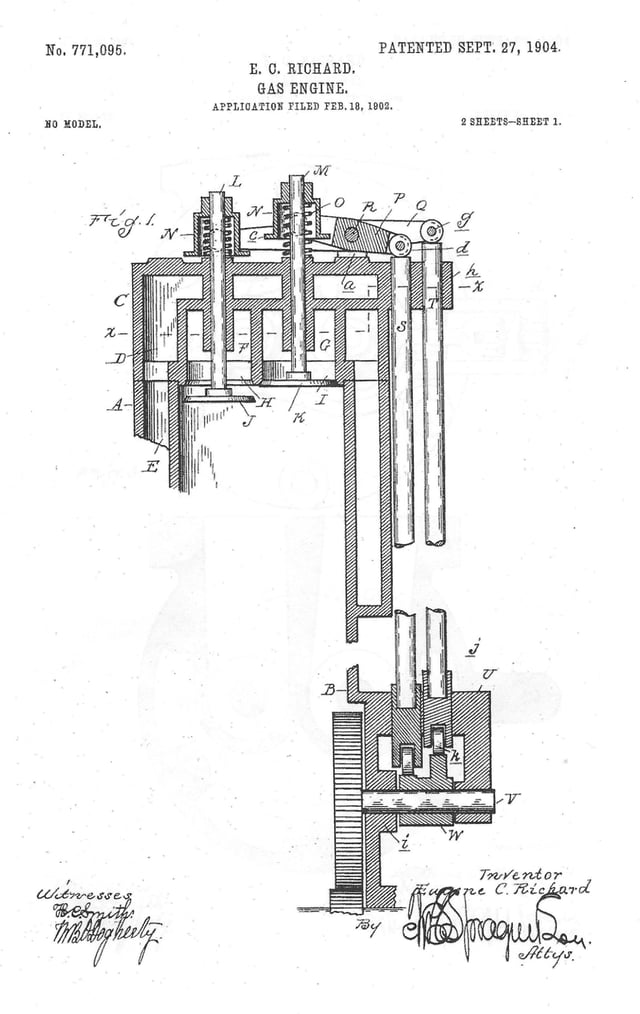 Valve-In-Head (OHV) engine, illustration from 1904 patent, Buick Manufacturing Company