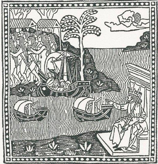 Woodcut depicting Italian explorer Amerigo Vespucci's first voyage (1497-98) to the New World, from the first known published edition of Vespucci's 1504 letter to Piero Soderini.