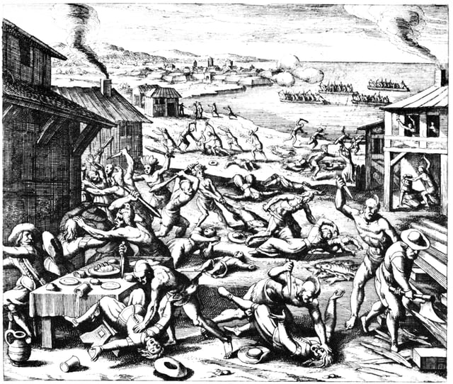 Indian massacre of 1622, depicted in a 1628 woodcut by Matthäus Merian out of Theodore de Bry's workshop.