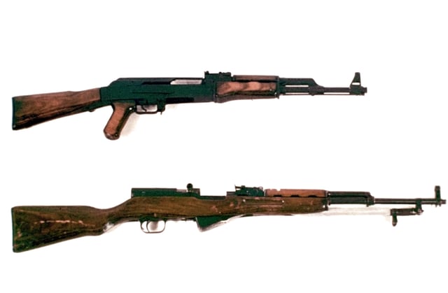Soviet AK-47 without magazine (top), and a Simonov SKS (bottom) with bayonet folded back, both 7.62×39mm.