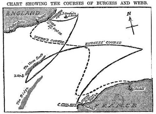 The routes taken by Webb and T.W. Burgess across the English Channel, in 1875 and 1911, respectively.