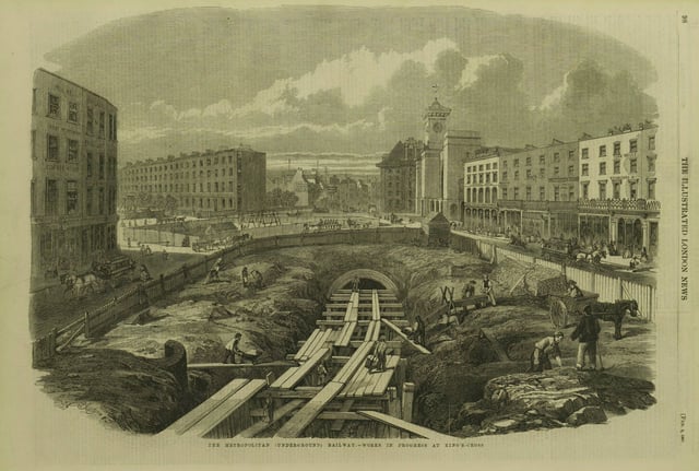 Initial construction stages of London's Metropolitan Railway at King's Cross St. Pancras in 1861