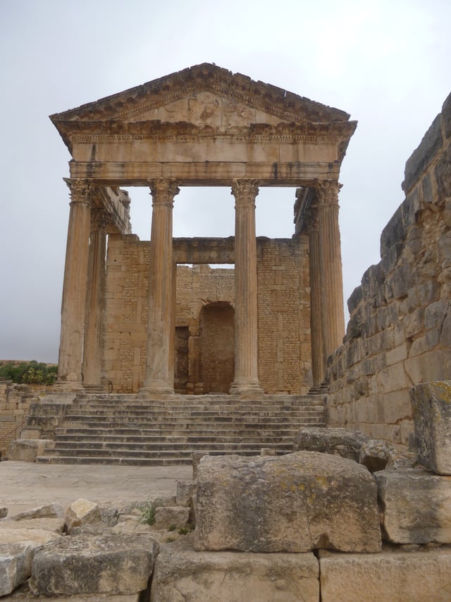 The front of the capitol at ruins of Dougga, another tourist destination, qualified as World Heritage Site by UNESCO in 1997.