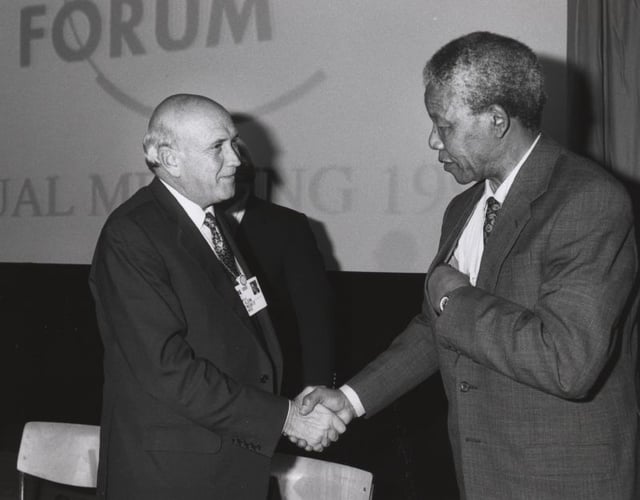 F. W. de Klerk and Nelson Mandela shake hands at the annual meeting of the World Economic Forum held in Davos in January 1992