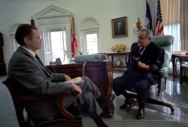 Johnson talking with his Secretary of Defense Robert McNamara, 1967