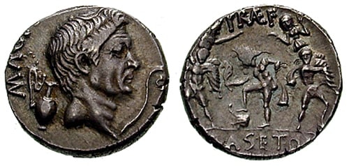 The head of Pompey on a denarius minted in 40 BC by his son Sextus Pompeius Magnus Pius