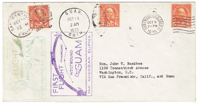 Cover carried both directions on the first commercial flights between Guam and the United States, October 5–24, 1935