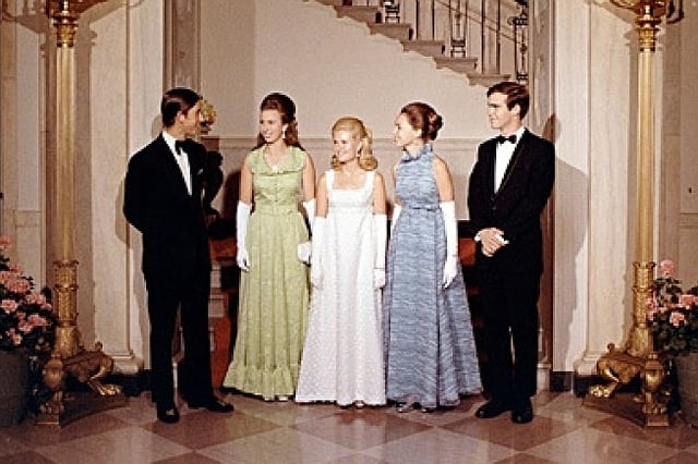 Anne and Charles at the White House with Tricia Nixon and Julie and David Eisenhower in 1970