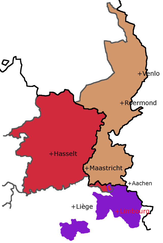 Map showing the two contemporary provinces called Limburg, (the red one in Belgium, and the brown one in the Netherlands), as well as the medieval Duchy they are both named after. (The small overlap are the villages of Teuven and Remersdaal in the eastern part of Voeren, one of the municipalities in modern Belgian Limburg since 1977.