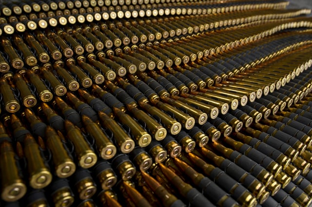 Linked belts of Lake City 7.62 mm M80 Ball ammunition.
