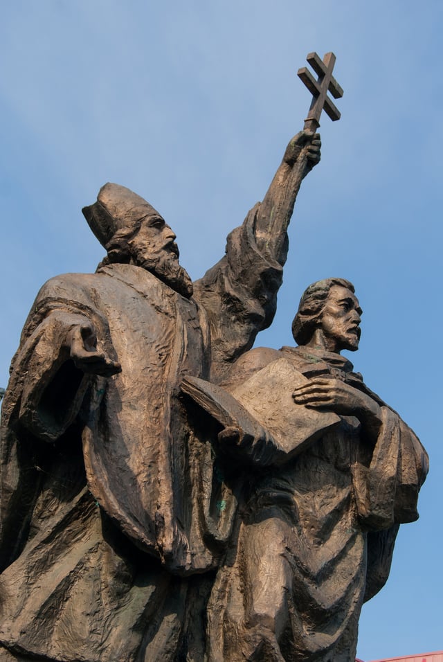 A statue of Saint Cyril and Saint Methodius in Žilina. In 863, they introduced Christianity to what is now Slovakia.