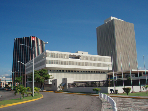 View of the central Kingston waterfront showing the Bank of Nova Scotia and the Bank of Jamaica