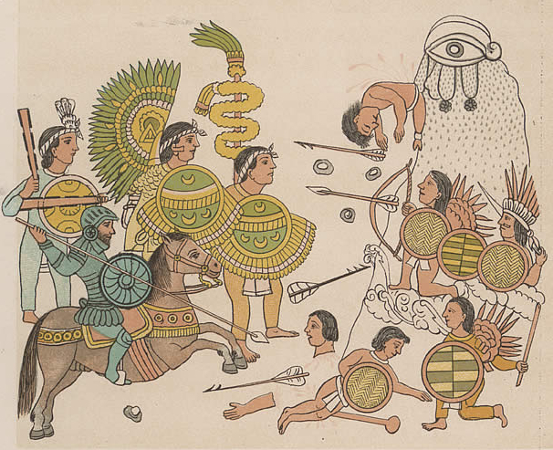 Cristóbal de Olid leads Spanish soldiers with Tlaxcalan allies against indigenous warriors during the European colonization of the Americas.