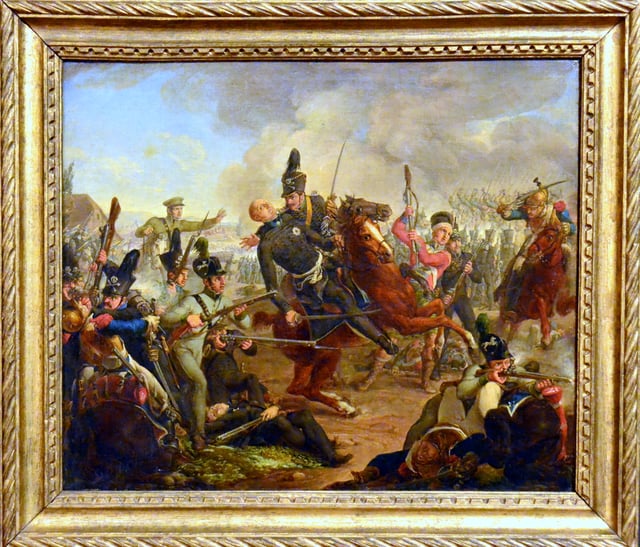Tod des Schwarzen Herzogs (German: "Death of the Black Duke") at the Battle of Quatre Bras on 16 June 1815. An 1835 painting by Friedrich Matthäi now displayed in the Braunschweigisches Landesmuseum.