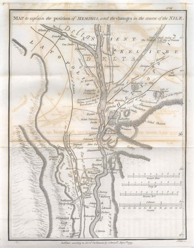 James Rennell's map of Memphis and Cairo in 1799, showing the changes in the course of the Nile river.