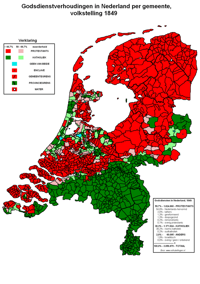 Religion in the Netherlands in 1849.   Roman Catholicism   Protestantism (Calvinist)