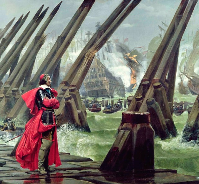 Cardinal Richelieu at the Siege of La Rochelle against the Huguenots (detail of a painting by Henri Motte, 1881)