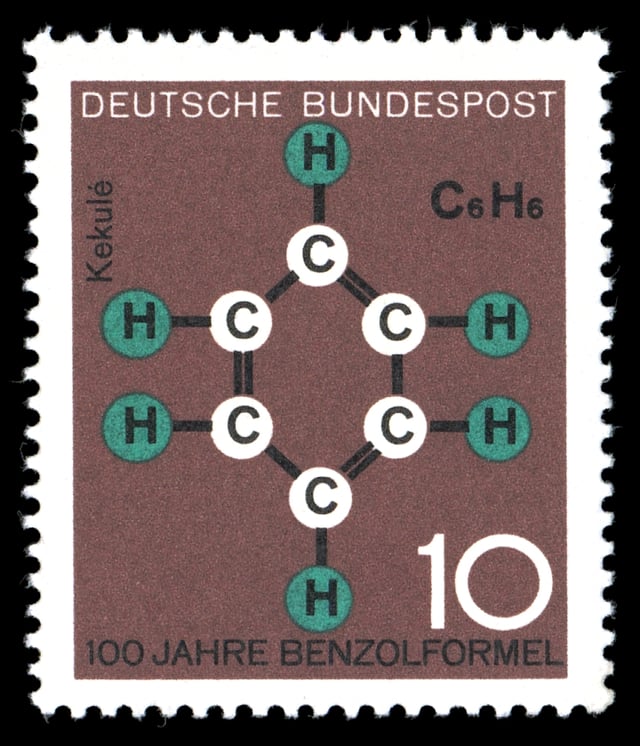 1964 West German centenary stamp for the discovery of the molecular formula of benzene.