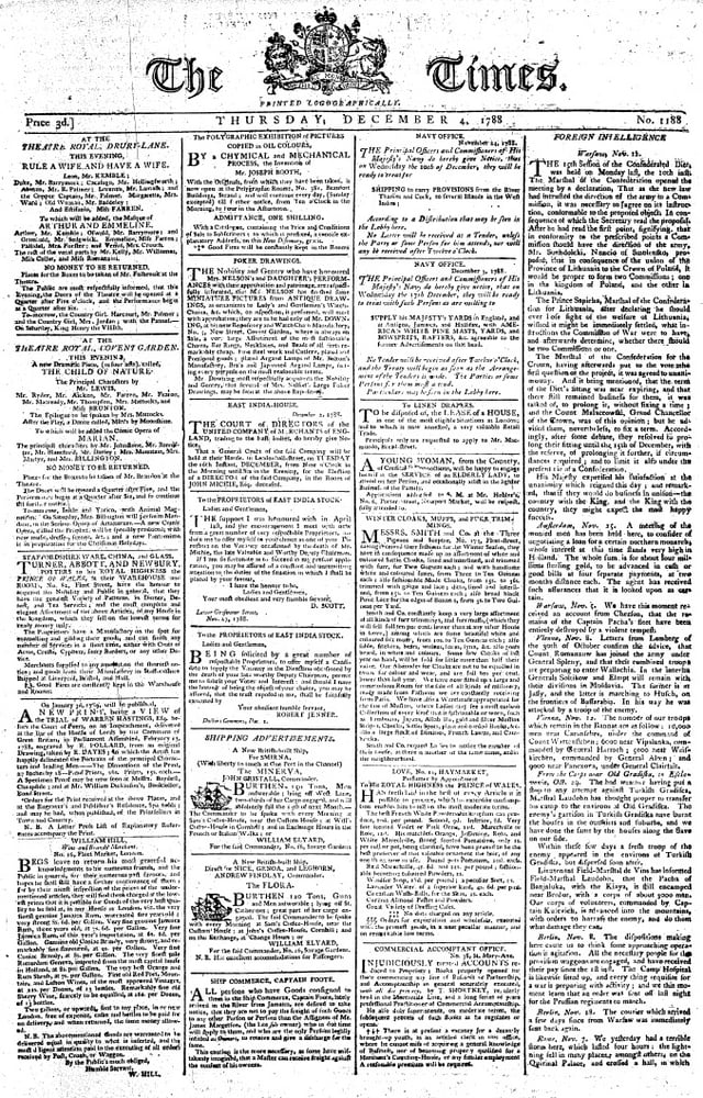 Front page of The Times from 4 December 1788
