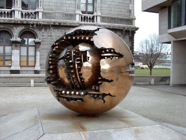 Arnaldo Pomodoro's Sphere Within Sphere sculpture stands outside the Berkeley Library
