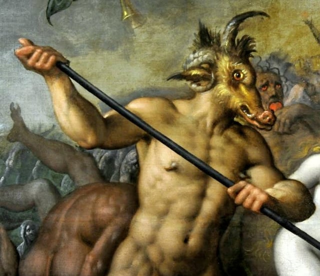 Horns of a goat and a ram, goat's fur and ears, nose and canines of a pig, a typical depiction of the devil in Christian art. The goat, ram and pig are consistently associated with the Devil. Detail of a 16th-century painting by Jacob de Backer in the National Museum in Warsaw.