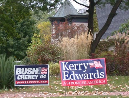 Neighboring yard signs for Bush and Kerry in Grosse Pointe, Michigan