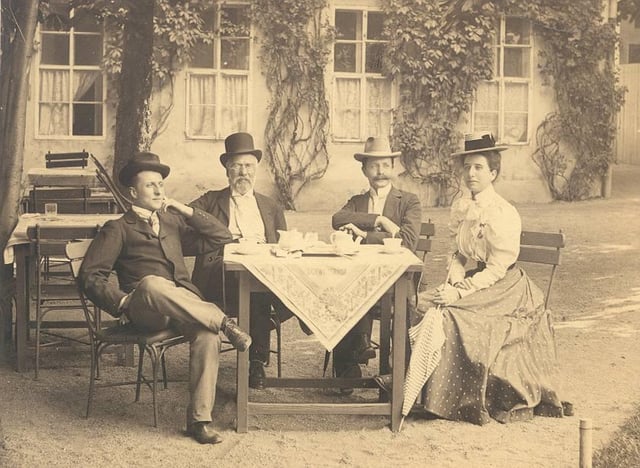Constantin Caratheodory (left) pictured sitting with his father, brother in law and sister, Carlsbad 1898