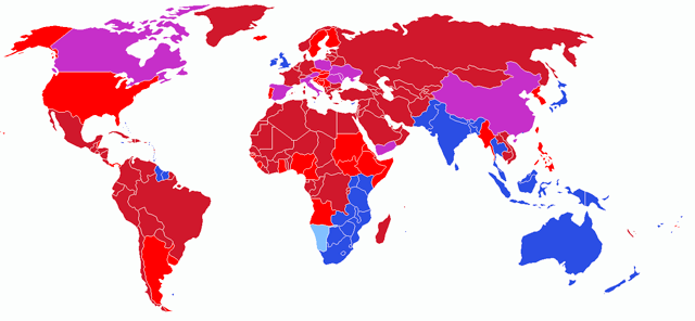 Countries with left- and right-hand traffic, currently and formerly. Changes since 1858 when Finland changed to the right are taken into account.  RHT  Now RHT, formerly LHT  LHT  Now LHT, formerly RHT  Formerly a mix of LHT and RHT in various parts of the country, now RHT