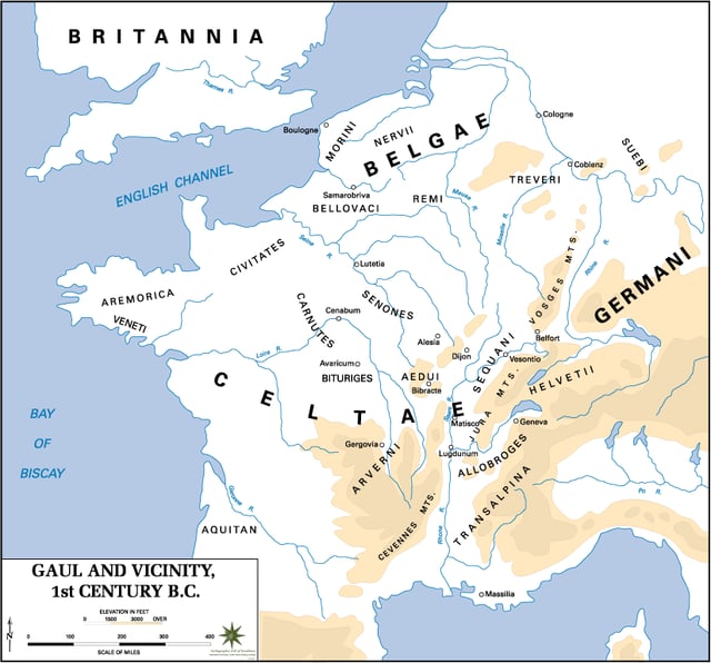 A map of Gaul in the 1st century BCE, showing the relative positions of the Celtic ethnicites: Celtae, Belgae and Aquitani.