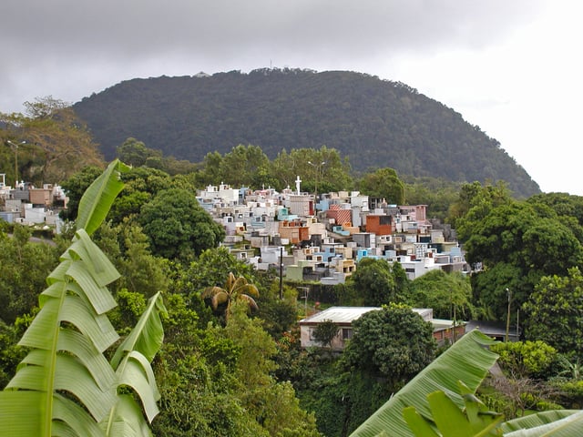 A church cemetery perched in the mountains of Guadeloupe