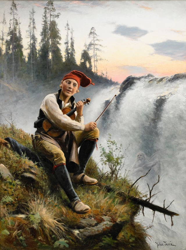 Local artist Johan Tirén's painting Jämtlandssägen (Jämtland's tale) with a young fiddler wearing traditional Great Jamtish clothes, whilst listening to the Nix play.