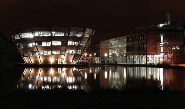 Jubilee Campus in 2012. On the left is the Sir Harry and Lady Djanogly Learning Resource Centre, a library which has the form of an inverted cone.