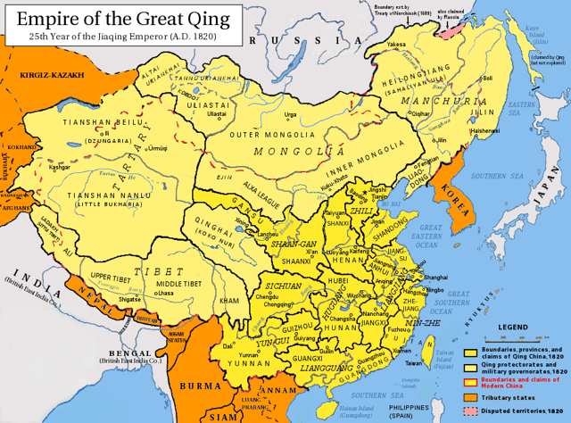 Qing dynasty in 1820, with provinces in yellow, military governorates and protectorates in light yellow, tributary states in orange.
