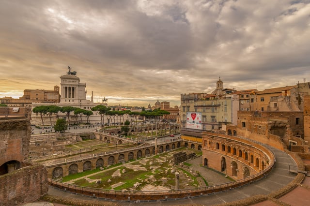 The Imperial fora belongs to a series of monumental fora (public squares) constructed in Rome by the emperors. Also in the image can be seen the Trajan's Market.