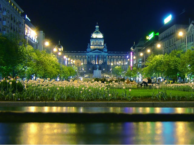 Night shot of the old facade of the museum, taken from the centre of Wenceslas Square.