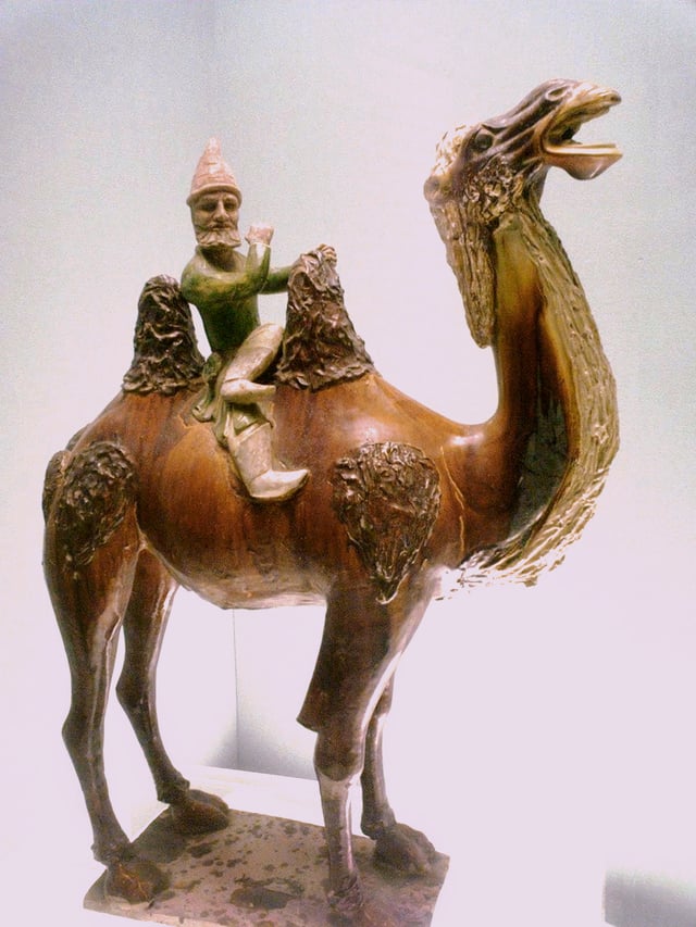 A Sogdian man on a Bactrian camel, sancai ceramic statuette, Tang dynasty