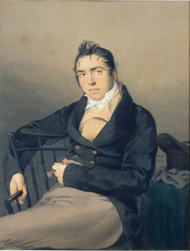 Melville's father, Allan Melvill (1782–1832), portrait from 1810 by John Rubens Smith, Metropolitan Museum of Art, New York. In his novel Pierre (1852), Melville fictionalized this portrait as the portrait of Pierre's father.