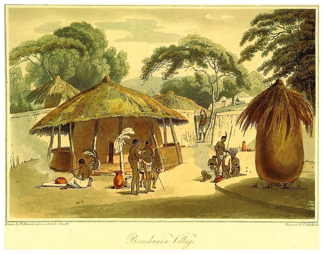 British colonial drawing of a "Booshuana village", 1806.