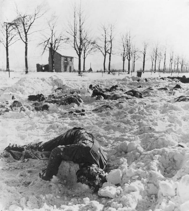 American POWs murdered by SS forces led by Joachim Peiper in the Malmedy massacre during the Battle of the Bulge (December 1944)