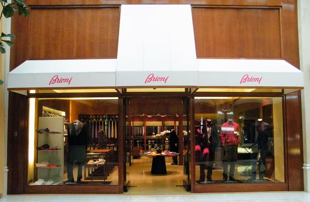 A Brioni boutique, at Wynn Las Vegas, featuring red cursive logo of 1986 to 2016