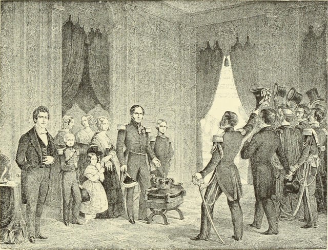 A depiction of Leopold I of Belgium's symbolic offer to resign the crown in 1848