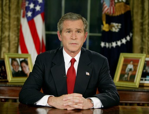 President George W. Bush addresses the nation    from the Oval Office, 19 March 2003, to announce the beginning of Operation Iraqi Freedom.