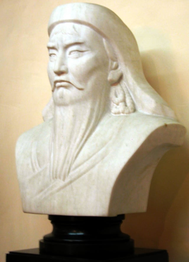 A bust of Genghis Khan adorns a wall in the presidential palace in Ulaanbaatar, Mongolia.