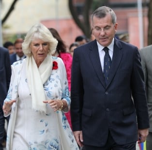 The Duchess of Cornwall with Peter McLaughlin, headmaster of The Doon School which she visited in November 2013 on her India tour