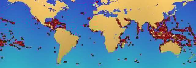 Locations of coral reefs around the world